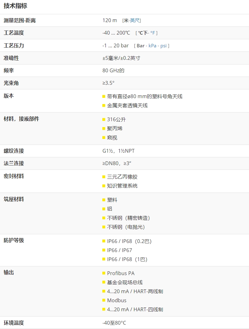 VEGAPULS 69 雷達(dá)料位計技術(shù)指標(biāo)